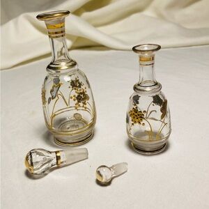 Antique Crystal perfume bottle duo smallmatching set clear with gold gilt floral